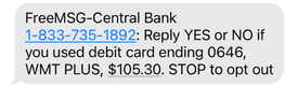 Sample text message from Central Bank's fraud monitoring system